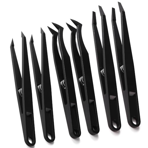 YIXISI 6 Piezas Juego de Pinzas de Precisión, Pinzas de Plástico Antiestáticas con Primavera, para Electrónica, Joyería, laboratorio, Reparación, Negro
