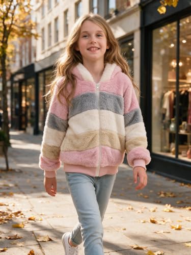Image of Girls Fleece Jackets Kids Sherpa Fuzzy Zip up Hoodie Fall Winter Contrast color Pullover Sweatshirt 4-12 Years