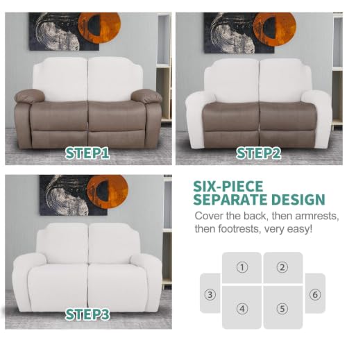 Image of YEMYHOM 6 Pieces Stretch Loveseat Recliner Slipcover Jacquard Recliner Sofa Cover with Side Pocket Fitted Recliner Cover Couch Furniture Protector with Elastic Bottom (Loveseat Recliner, White)