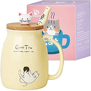 SHENDONG Cat Mug Cute Ceramic Coffee Cup with Kawaii Cat Wooden Lid and Lovely Stainless Steel Spoon Novelty Morning Cup Coffee Milk Tea Mugs - 3D Animal Cat Mugs for Cat Lovers Women Gifts(Yellow)