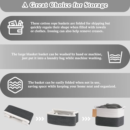 Image of Goodpick Woven Rope Storage Basket for Shelves, Rectangle, Dark Gray | 13 inch x 10 inch x 9 inch Stylish Gift Basket for Home Decor, Cotton Rope Baskets for Baby Toys, Books & Towels Storage, Writable Label