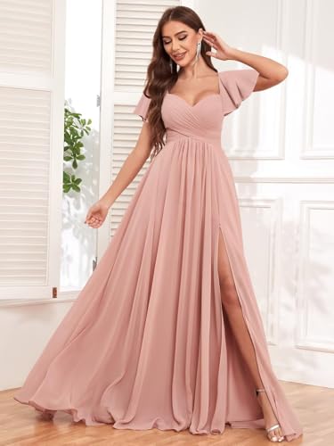 Chiffon Bridesmaid Dresses Long Scoop Neck Short Sleeve Pleated Formal Dress with Slit4