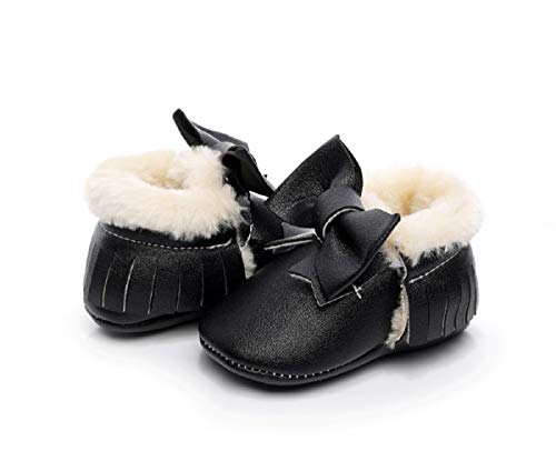 Bebila Baby Moccasins for Girls Boys - Warm Winter Anti-Slip Soft Sole Fur Slippers for Newborn Tassel Bow Trimmed Infant Shoes Cute Toddler Booties (6-12 Months, Black)