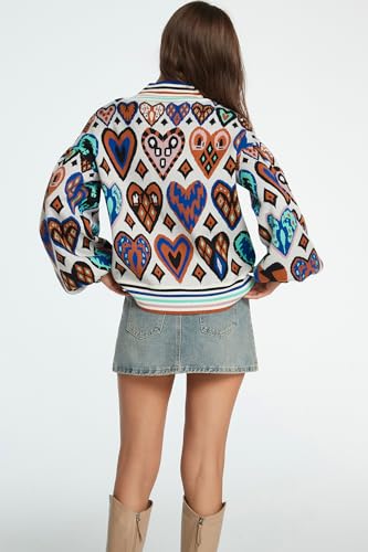 D-Sun Women Long Sleeve Printed Sweater Mock Neck Heart Printed Pullover Sweater Fashion Color Block Knit Ribbed Jumper Top4