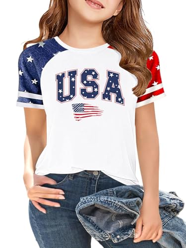 Image of CAZYCHILD Girls 4th of July USA Shirt American Flag Patriotic T-Shirt Independence Day Outfit for Kids 5-14Years