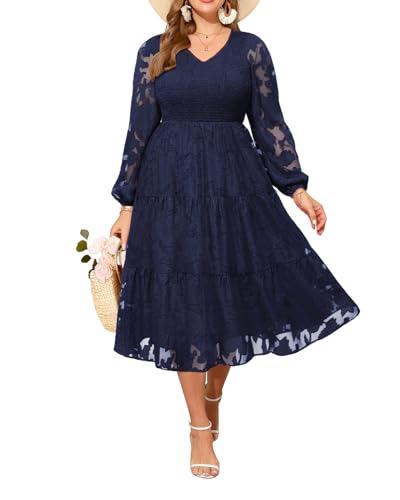Pinup Fashion Plus Size Fall Wedding Guest Dress - Long Sleeve V Neck Floral Lace Smocked Flowy Tiered Midi Dress