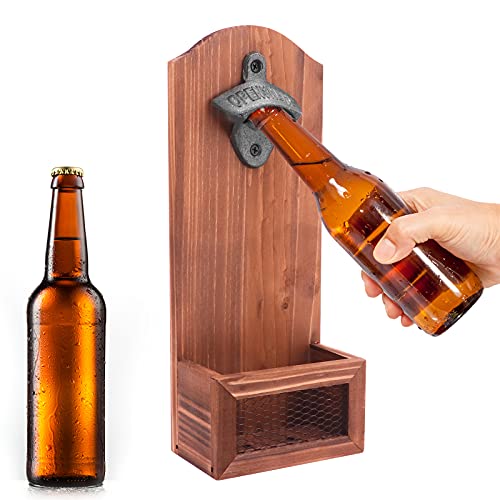 Beowanzk Wall Mounted Bottle Openers Personalised Beer Opener for Home Pub Wooden Bottle Opener with Catcher for Bar Gardens