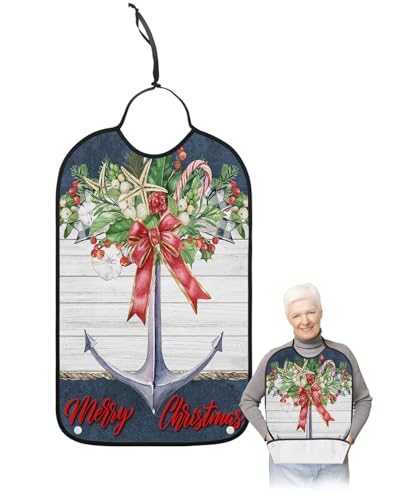 Jolunifun Christmas Anchor Adult Bib for Adults Men, Women, Washable & Adjustable Terry Cloth Bib with Crumb Catcher Reusable Waterproof Clothing Clothes Protector Apron Nautical Luxurious Berry