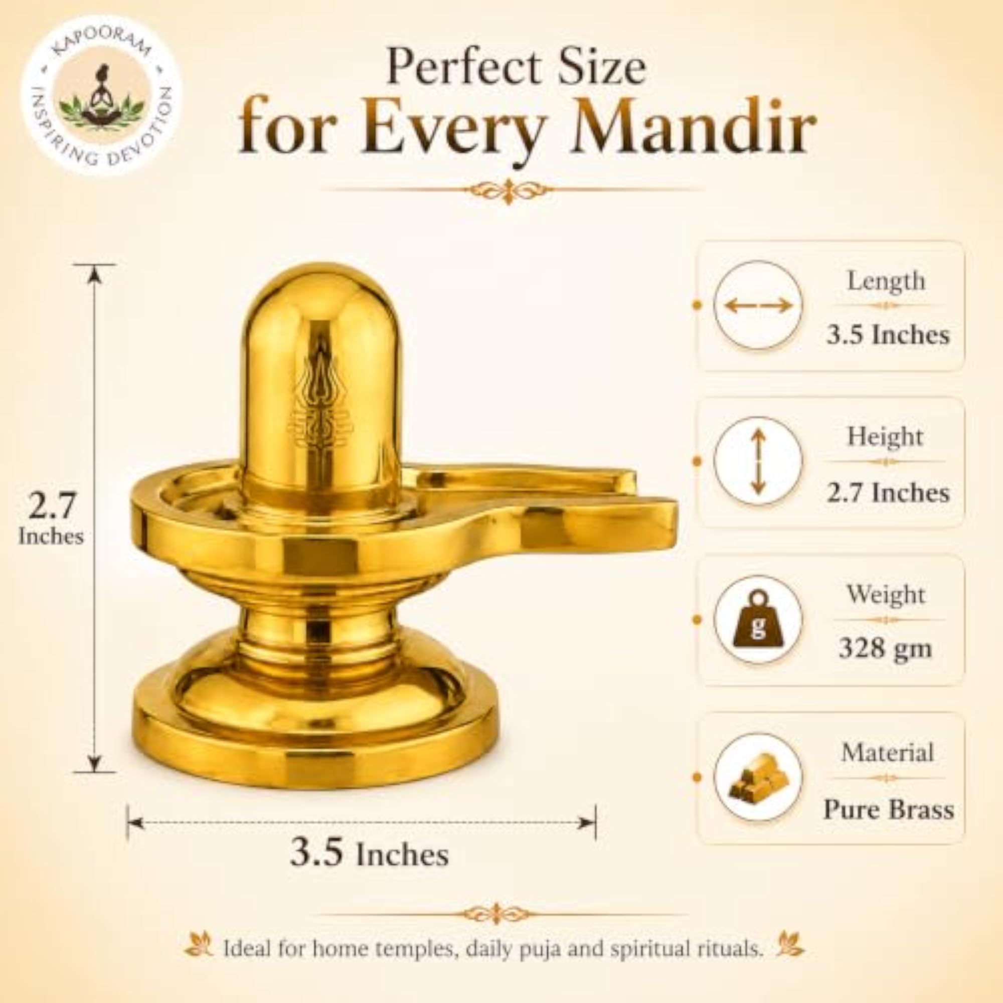 Brass Shivling Idol for Home Temple, 3.5 Inch