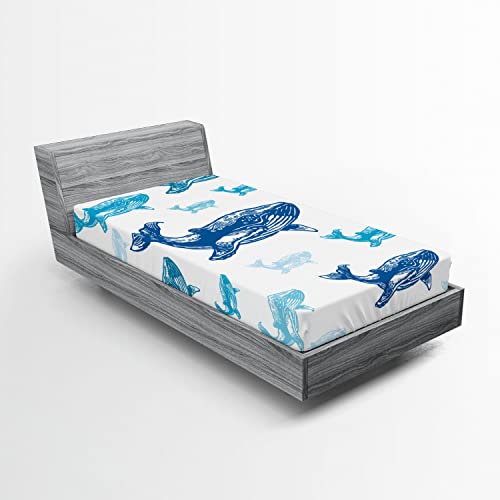 Ambesonne Whale 2 Pack Fitted Sheet, Ocean Animals Colorful, Bed Cover All-Round Elastic Deep Pockets 2 Pieces, Package Contains 2 Twin XL Size Fitted Sheets, Blue and White