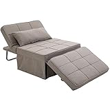HOMCOM 4-in-1 Design Convertible Sofa Tea Table Lounge Chair Single Bed with 5-Level Adjustable Backrest, Footstool and Metal Frame for Living Room Bedroom, Light Brown