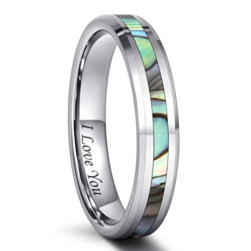 Frank S.Burton Womens Tungsten Ring Wedding Band 4mm Engraved I Love You Abalone Inlay Engagement Rings Comfort Fit Size 8