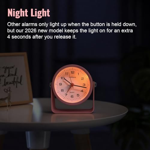 Image of Lamisola 3.5 Inch Small Desk Battery Clock, Pink Alarm Clock for Girls | Travel Clock for Bedroom Bathroom Table Shelf Bedside Cute Metal Vintage Silent Night Light Snooze for Kids Seniors