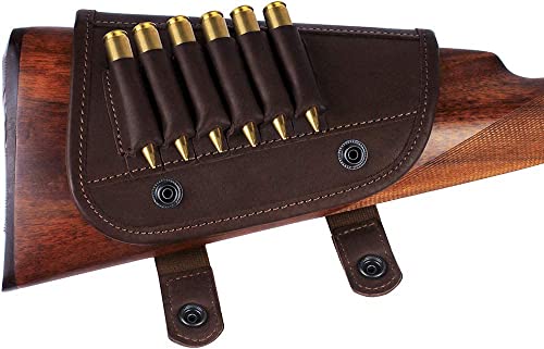 Bronzedog Waterproof Real Leather Ammo Holder Neoprene Buttstock Cheek Rest Shotgun Stock Cover Hunting .30 .308 Cal Or 12 Ga (Brown 6 Slots/Buttons) #TOP2