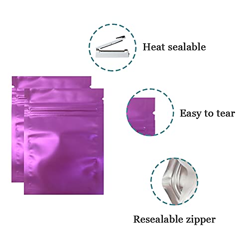 100 Pcs Matte Purple 3.3x5.1 inch Resealable Frosted Clear Front Mylar Foil Zipper Lock Pouch for Zip Reclosable Lock Food Storage Bags Heat Seal Pouches Airtight Grocery Pack