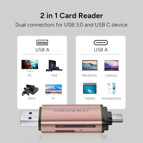 MEANHIGH SD Card Reader, USB-C and USB 3.0 Micro SD Card Adapter, Dual Connector Memory Card Reader for SDXC, SDHC, SD, MMC, RS-MMC, Micro SDXC, Micro SD, Micro SDHC Card
