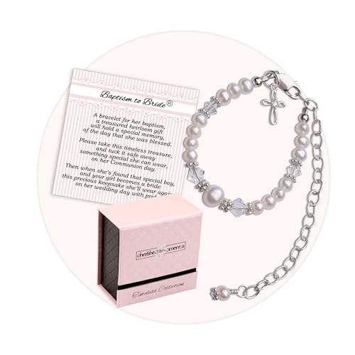 Image of Cherished Moments Baptism to Bride Cross Bracelet Gift for Girls in 925 Sterling Silver and Cultured Pearl