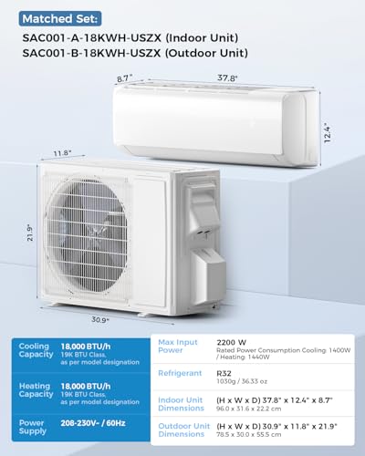 Feelfunn 18000 BTU Mini Split AC/ Heizsystem, 20 SEER2 230V, kühlt Räume bis zu 1250 Quadratmeter, Klimaanlage mit Installationsset, Fernbedienung, WLAN- Steuerung, geräuscharm, kompatibel m-7