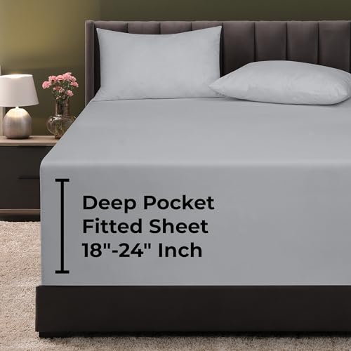 Image of Royale Linens Extra Deep Pocket Full Fitted Sheet Only - Full Size Deep Pocket Silver Fitted Sheet - Fits 18 inch to 24 inch Thick Mattress - Soft & Breathable Elastic Sheets (54x75 Inches, Silver)