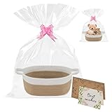 Geschenkkorb Leer, Baumwollsei Präsentkorb Leer mit Geschenktüten Grußkarte und Bändern, Geflochtener Korb Aufbewahrungskorb mit Griff für Geburtstage, Babypartys(Khaki Weiß Kombination)