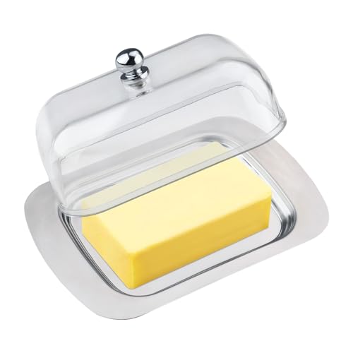 Zosenyer Burriera in Acciaio Inox, Burriera Contenitore 19x12x7 cm con Trasparente Coperchio e Manico, Capacità per 250 g di Burro, Porta Burro da Frigorifero per Conservare Formaggi, Torte, Dessert