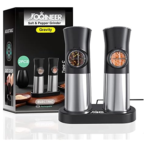 Gravity Electric Salt and Pepper Grinder Set-Automatic Pepper Mill Rechargeable with Adjustable Coarseness,Ergonomic Stainless Steel Body,Type C Charging Base,LED Light Cover