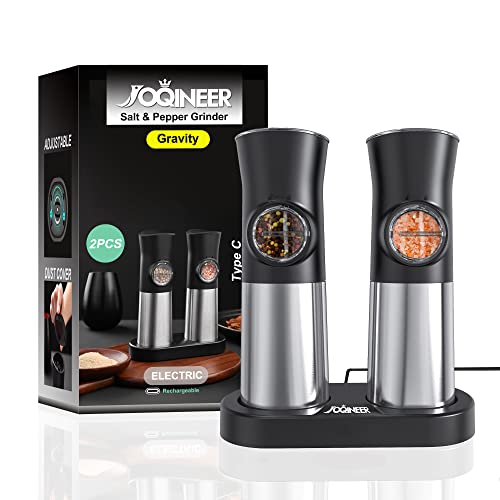 Gravity Lot de 2 moulins à poivre et sel électriques rechargeables avec grosseur réglable, corps ergonomique en acier inoxydable, base de charge de type C, lumière LED Cover