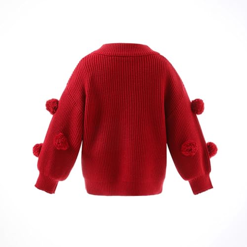 Toddler Kids Girls Long Lantern Sleeve Sweater Jumper Top Pom Poms Ribbed Pullover Knitwear2