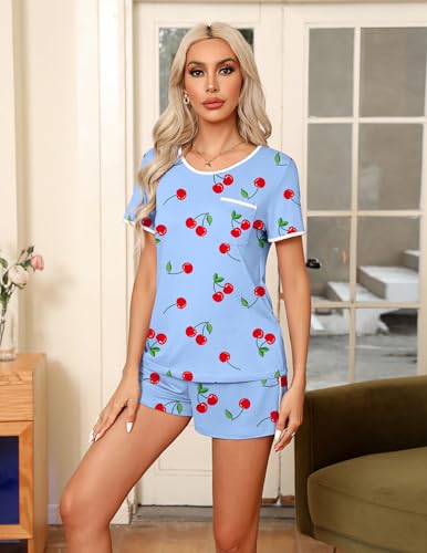 Image of Ekouaer Pajama Set for Women 2 Piece Lounge Set Short Sleeve Tops and Shorts Soft Sleepwear, Chest Pocket