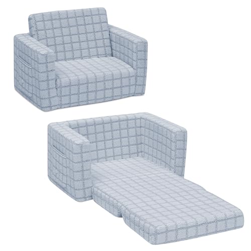 Delta Children Checkered Cozee Flip-Out Kids Chair, Snuggly Sherpa-Like Foam Convertible Armchair for Boys and Girls, Machine Washable Cover, Soft Comfy Toddler Seating for Playroom/Bedroom, Blue