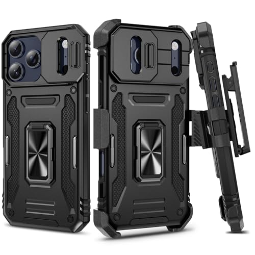 for iPhone-17-Pro-Max Case, with Belt Clip Holster & Slide Camera Cover & 360°Rotatable Ring Kickstand Military Grade Heavy Duty Protection Shockproof Case for iPhone 17 ProMax 2025 - Black