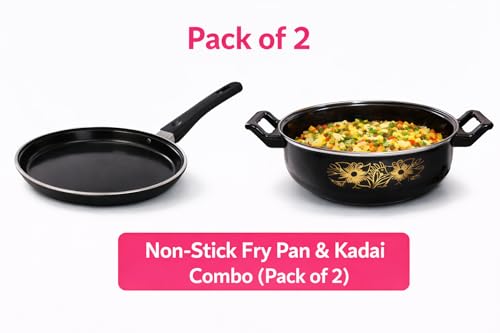 Image of Premium Non-Stick Cookware Combo Pack of 2 - Fry Pan & Kadai | Induction Base | Gas Stove Compatible | Aluminium Body