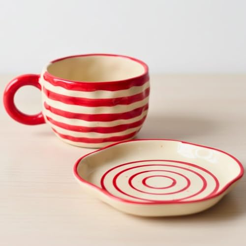 Image of WEAVING HOMES Handcrafted Ceramic Mug & Dessert Plate (Set of 2, Multicolor) - Coffee Mugs and Dessert Plates for Birthday Gifts, Mugs for Office and Travel