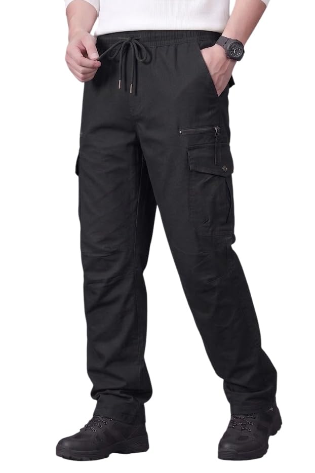 vogaan Men’s Solid Cotton Cargo Pants with Drawstring Waist, Regular Fit, Multiple Pockets with Zipper Style Casual Trousers-picture-18