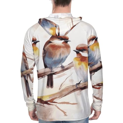 Men's Sun Shirts UPF 50+ Rash Guard Long Sleeve Sun Protection Hoodie Birds Resting on Tree Branch Lightweight Shirt XL White3