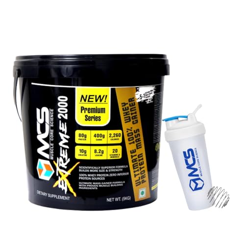 Image of MUSCLE CORE SCIENCE Extreme 2000 Whey Protein Mass Gainer Powder with 80g Protein, 400g Carbs, 2,260 Calories, 10g Creatine, 20 Vitamins & Minerals for Muscle Growth and Weight Gaining - Vanilla, 5kg