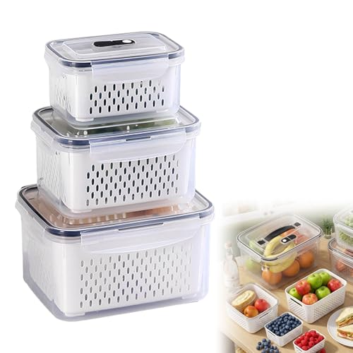 3 PCS Large Fruit Containers for Fridge - Leakproof Food Storage Containers with Removable Colander and Handle Lid�CDishwasher sa
