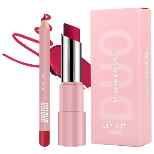 Rose Red Lipstick Lip Liner Set - Matte Pink Lipliner, Long Lasting & Waterproof Lipstick, Non-Fading, Highly Pigmented, Full-Coverage Lip Line Pencil Set - Gift For Women
