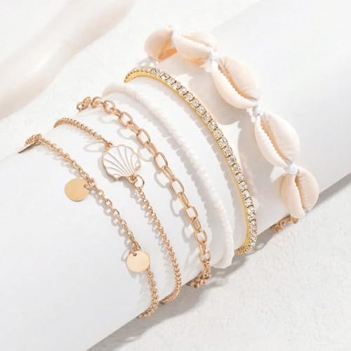Image of Qceasiy Bead Ankle Bracelets Set For Women, Adjustable Gold Plated Boho Shell Anklet, Hawaiian Beach Seashell Pearl Disc Starfish Conch Foot Jewelry, Summer Fashion Gifts