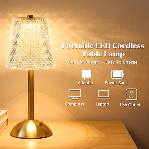 Image of Liliful 2 Pcs Cordless Table Lamp Rechargeable Touch LED Small Gold Portable Battery Operated USB-c Desk Lamp 3 Color Dimmable for Bedroom Living Room Dining (Gold,Crystal Cut Style)