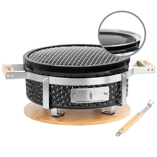 BBQ-Toro Keramik Tischgrill Rund | Ø 29,5 cm | Japanischer Grill mit Holzunterlage, Hibachi Grill, Keramikgrill | Holzkohlegrill, Tischgrill ohne Strom | Japanisches Raclette, Balkongrill