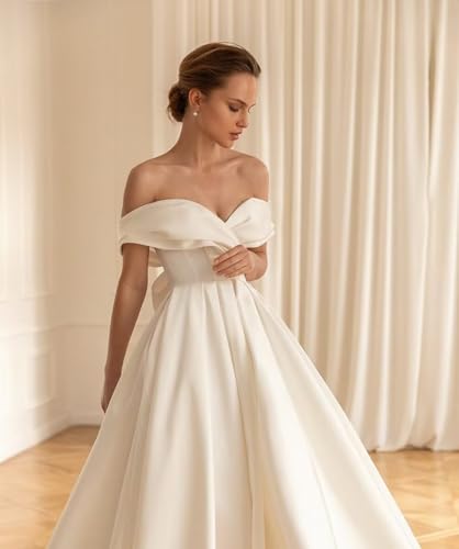 Simple Satin Tea Length Wedding Dresses For Bride Short A Line Off Shoulder Bridal Gown With Bow Ivory 14 #TOP2