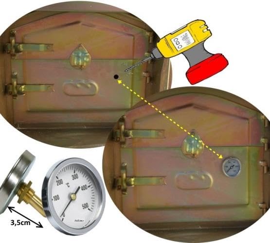 AzJardin. TERMÓMETRO PARA HORNO DE LEÑA, Medidor de Temperatura de 0 a 500 °C con vaina de 3.5cm
