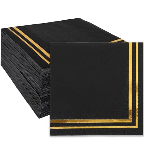 Whaline 100 Pcs Gold and Black Cocktail Napkins Gold Foil Paper Napkin Thick Disposable Dessert Beverage Napkin for Birthday Anniversary Graduation Holiday Party Supplies
