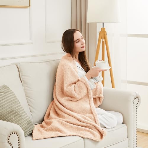 Image of CYMULA Knit Throw Blanket for Peach Pink - Super Soft Lightweight Plush Fuzzy Fluffy Cozy Blankets and Throws for Sofa Bed, 50 x 60 inches