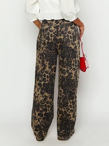 Womens Straight Leg Jeans, Leopard Print Cheetah Jeans for Women Trendy Baggy Wide Leg Loose Fit Y2K Denim Pants4