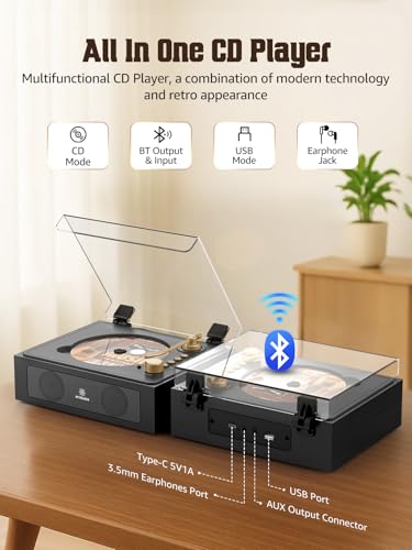 Image of RetroAudio CD Player Portable with Built-in Stereo Speakers Support Bluetooth Nostalgic Music CD Players for Home AUX in /Headphone Jack