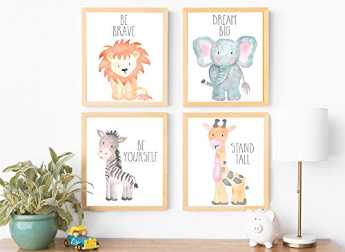 Nursery Wall Art Animal Paintings Set Of 4, Safari Nursery Baby Kids Room Wall Prints, Baby Animal Portraits Lion Elephant Zebra Giraffe Nursery Art, Nursery Decor, Baby Kids Room, Wall Art, Unframed #TOP1