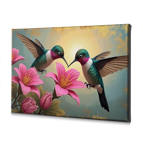 Tableau colibris et fleurs roses déco Pâques 40x60 cm