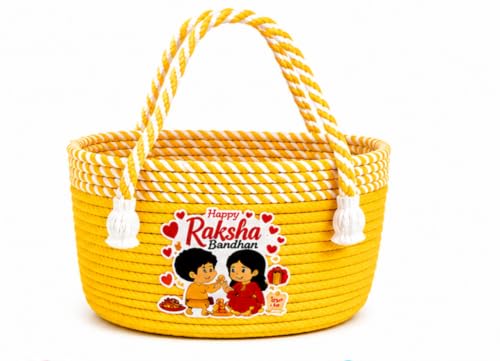 Image of BROOM Raksha Bandhan Gift Hamper Basket | Handmade Cotton Rope Storage Basket with Handle | Decorative Organizer for Chocolates, Dry Fruits, Return Gifts, Home Decor & Festive Celebration (Yellow)